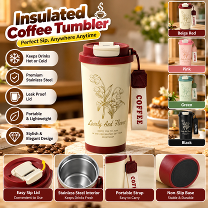 Floral Coffee Cup With Flip Lid Stylish Reusable Travel Mug