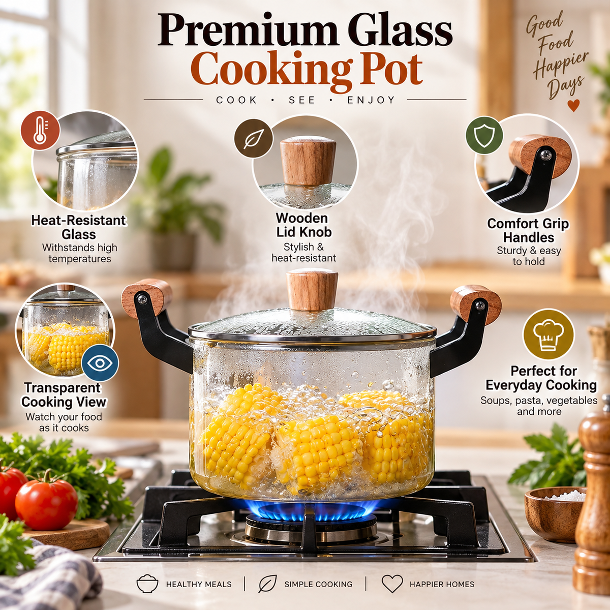 Premium Transparent Heat Resistant Glass Cooking Pot (2.5L)