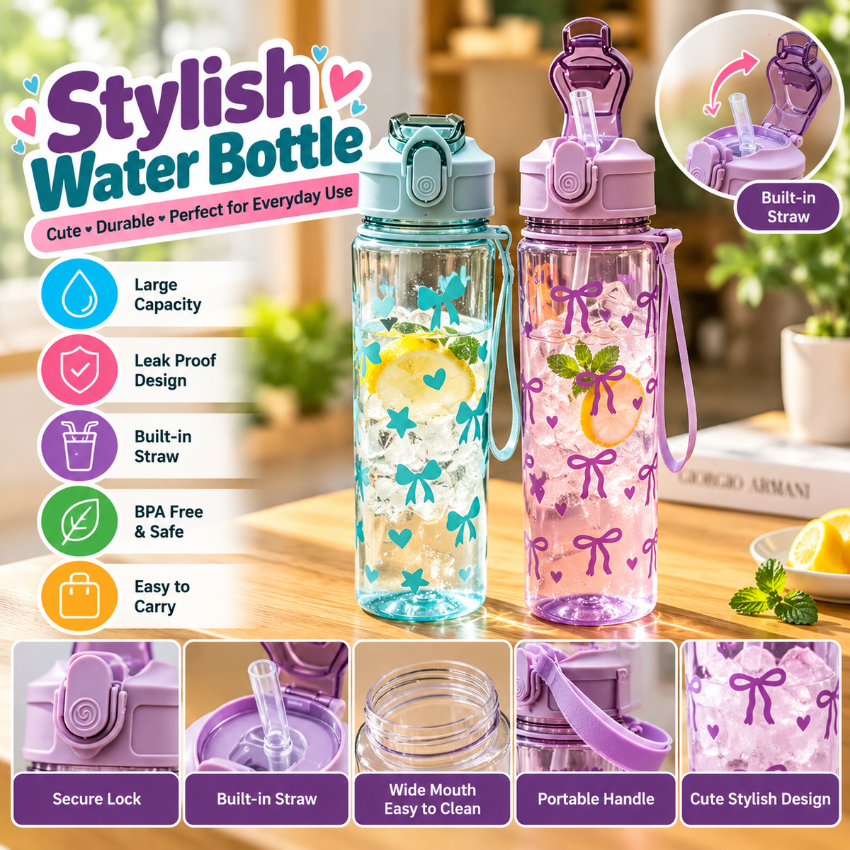 800ML Bow Design Water Bottle Reusable Bottle With Carry Strap
