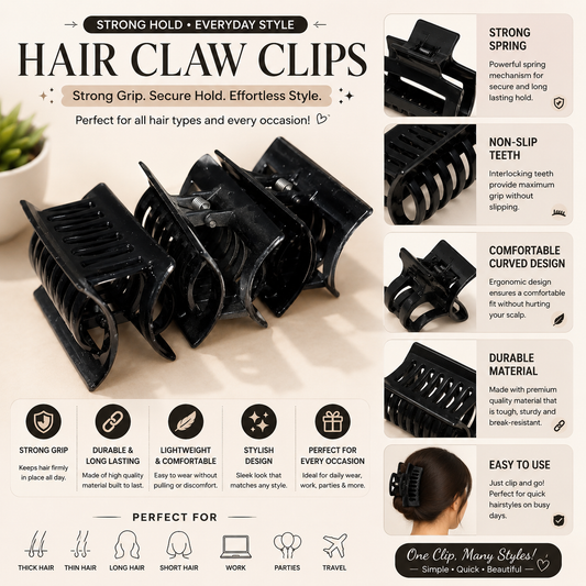 3Pcs Black Strong Hold Hair Clips Comfortable For All Hair Types
