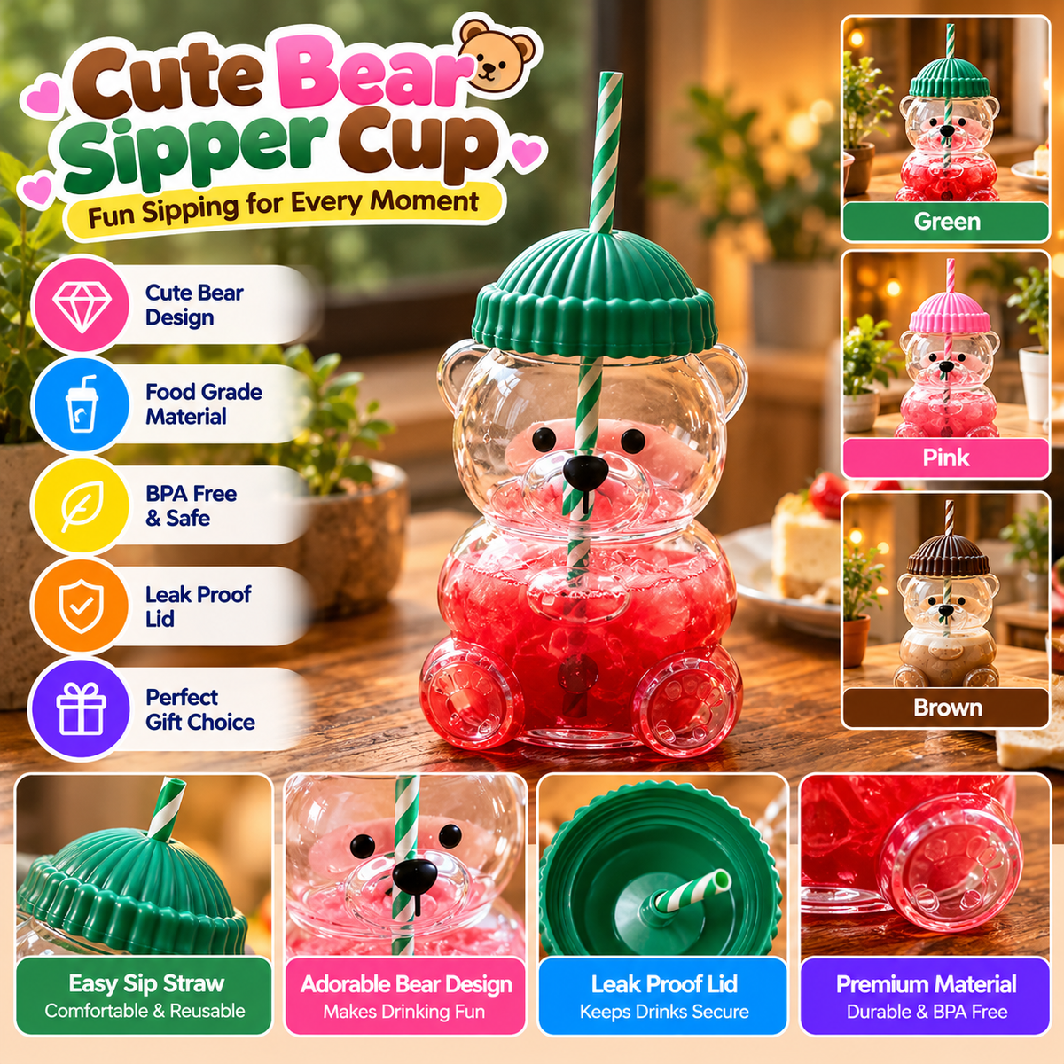 Cute Cartoon Bear Tumbler Stylish Juice & Water Sipper
