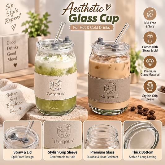 Iced Coffee Glass Cup Glass Tumbler With Straw Lid & Sleeve