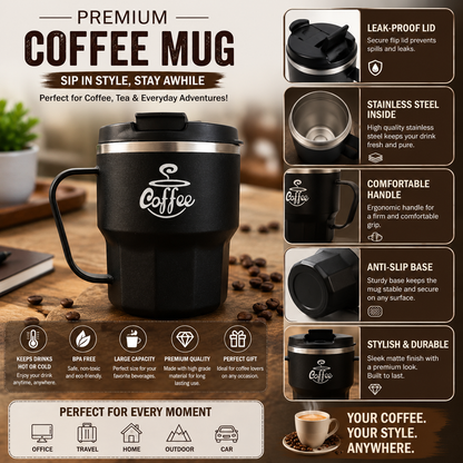 Stainless Steel Coffee Cup With Lid Reusable Mug For Home & Travel