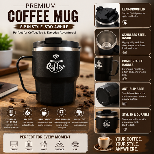 Stainless Steel Coffee Cup With Lid Reusable Mug For Home & Travel