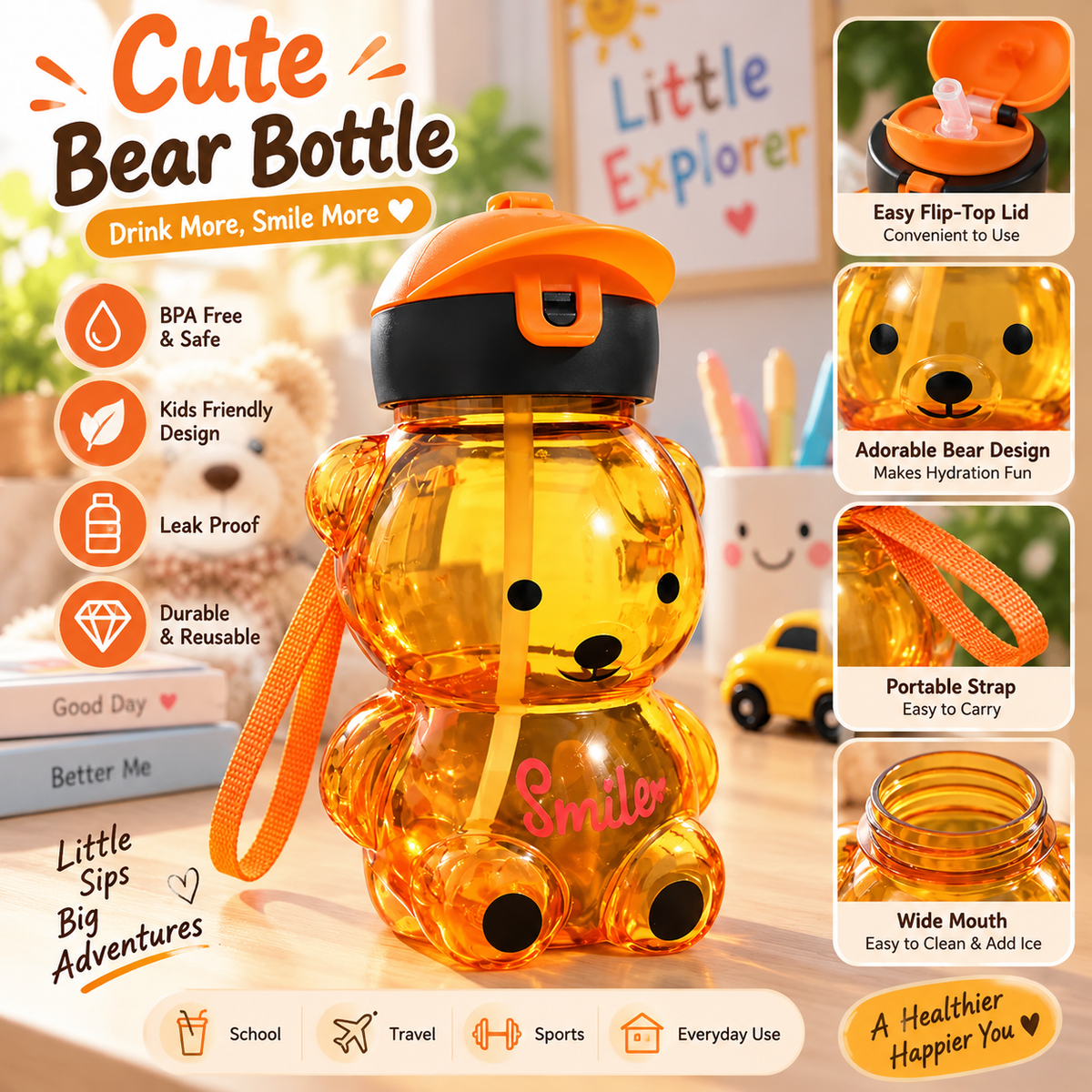 Cute Bear Kids Sipper 750ml Reusable Water Bottle With Straw